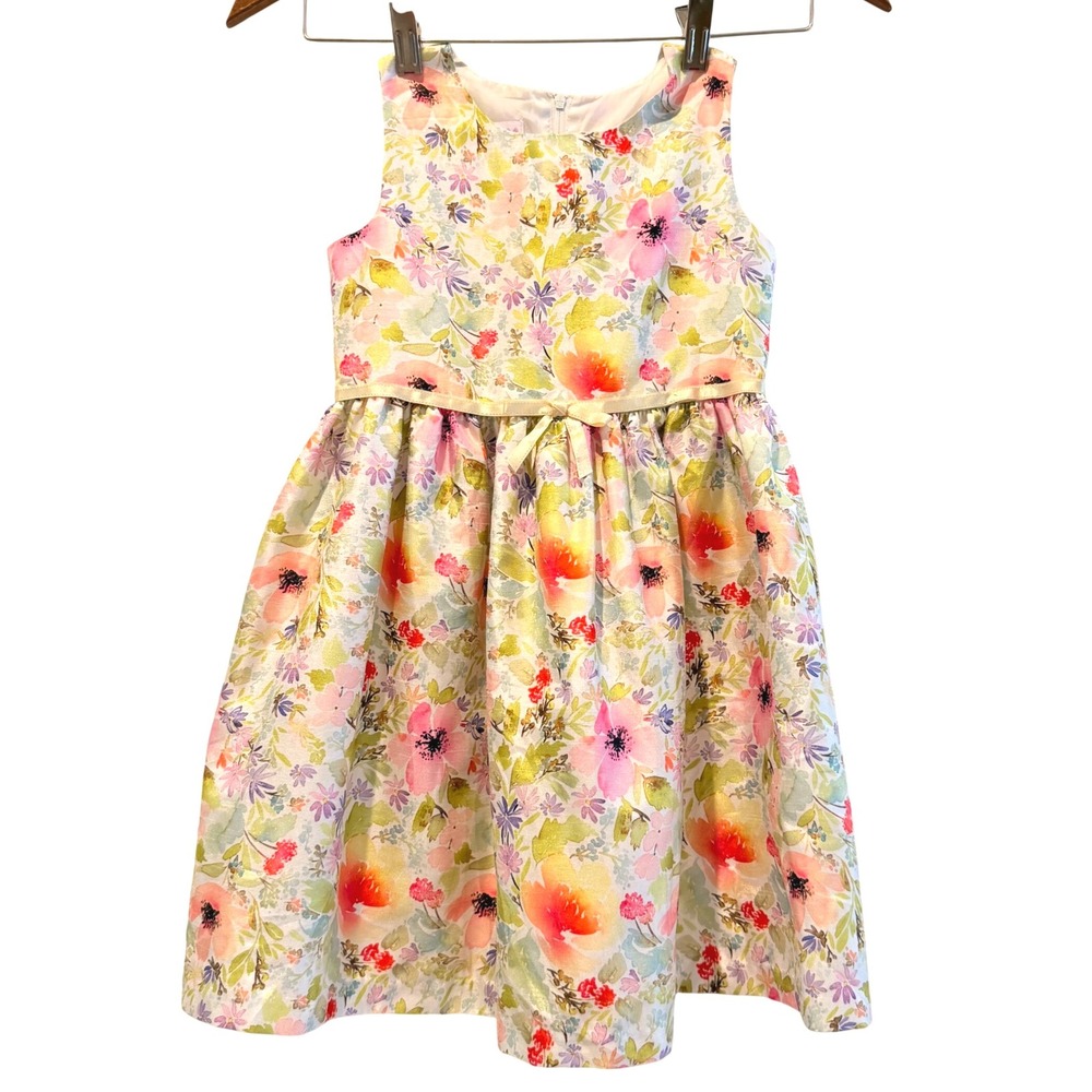 Bonnie Jean Girls Floral Print Shimmer Dress Sleeveless Yellow Pink Size 6‎